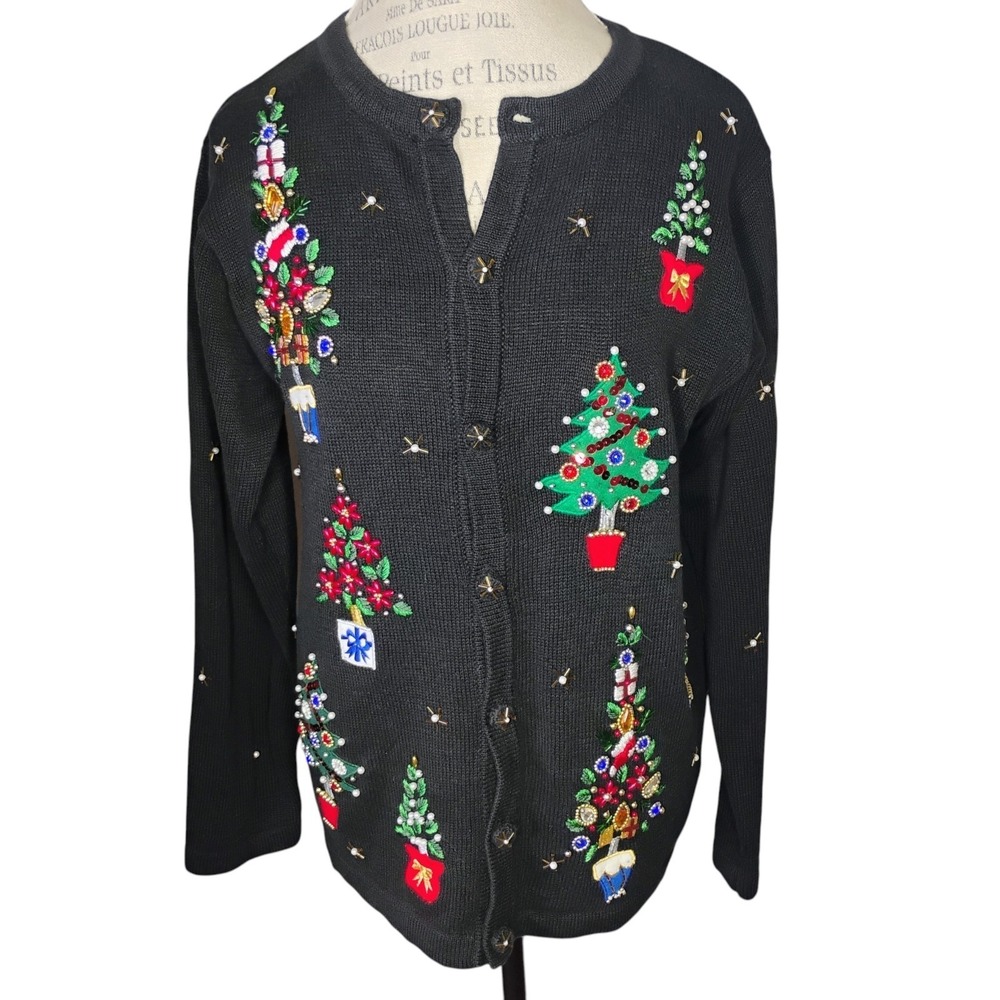 Vtg Victoria Jones Ugly Christmas Sweater Womens Small Black Trees Embroidered